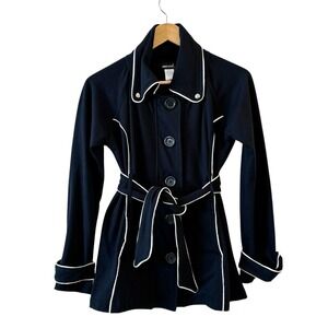 Wet Seal Navy Trench Coat Jacket Womens Size M Preppy Mod Retro Belted